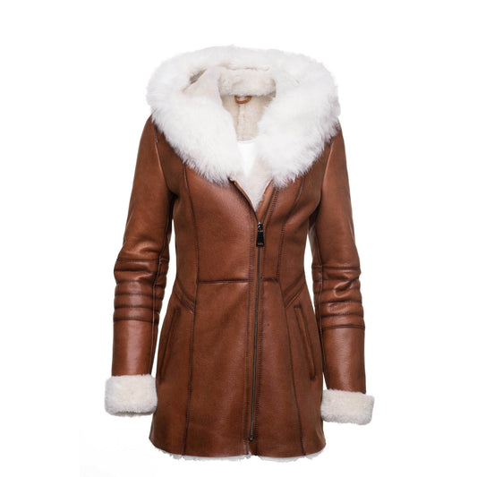 Women's Tan Shearling coat with fox fur trim Hoodie