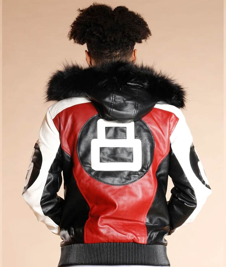 Mens 8 Ball Logo Bomber Style Fur Hooded Leather Jacket