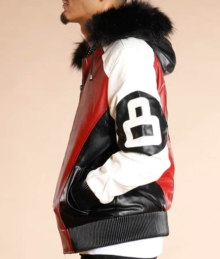 Mens 8 Ball Logo Bomber Style Fur Hooded Leather Jacket