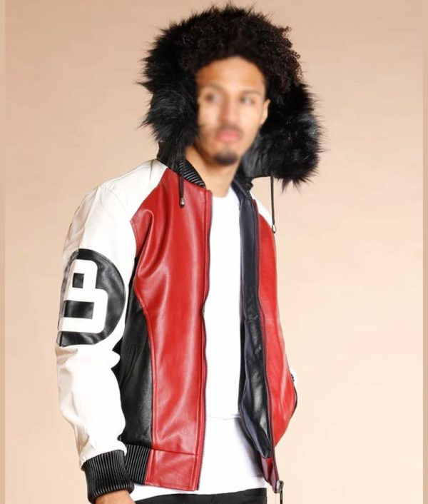 Mens 8 Ball Logo Bomber Style Fur Hooded Leather Jacket