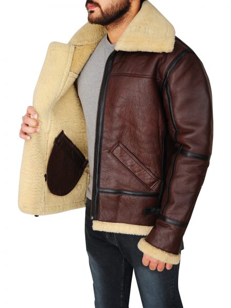 Men's Sheepskin Bomber Shearling Brown Leather Jacket