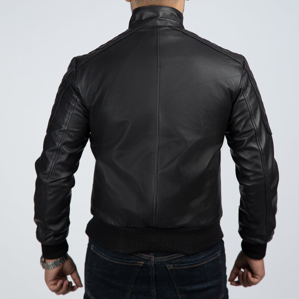 Casual Black Leather Bomber Jacket Back