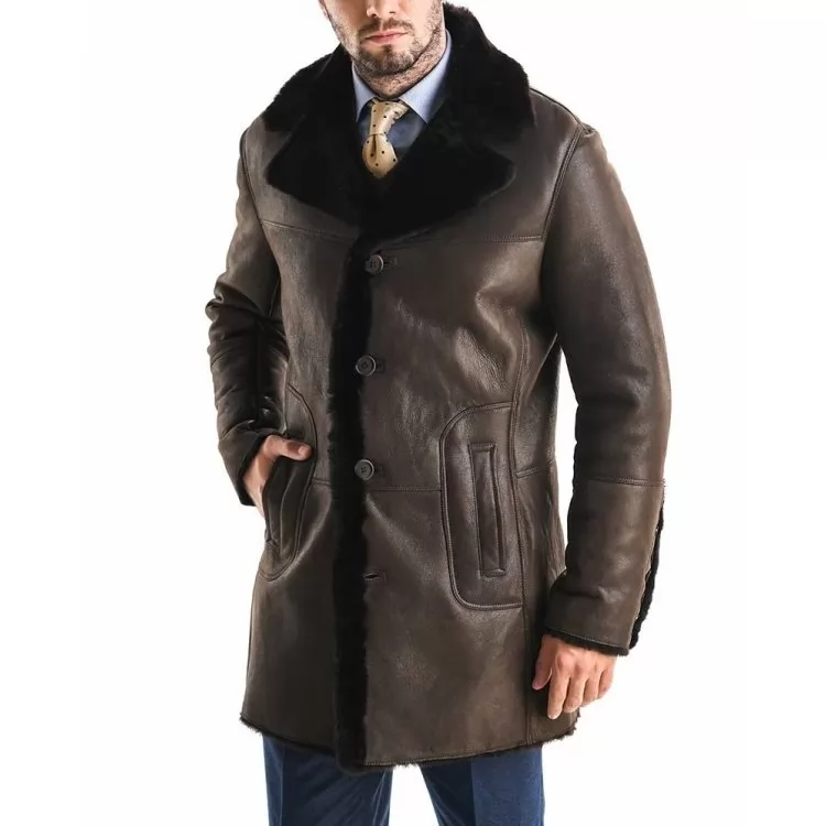 Mens Deep Fur Collar Brown Leather Winter Coat