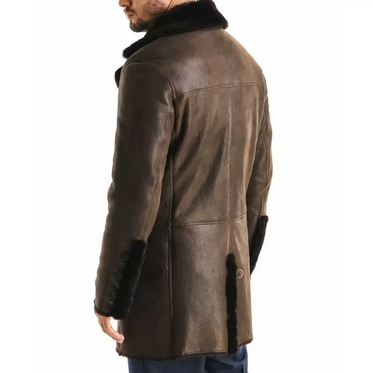 Mens Deep Fur Collar Brown Leather Winter Coat