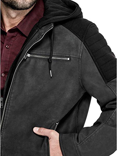 Men's Black Clint Suede Moto Hooded Jacket For Winter
