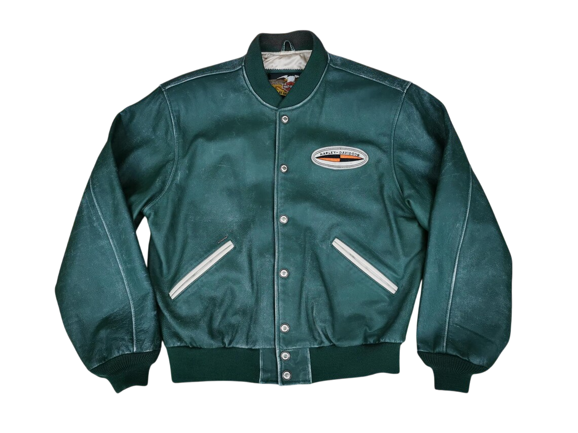 Harley Davidson USA Biker Leather Jacket Green Motorcycle Pride Tradition
