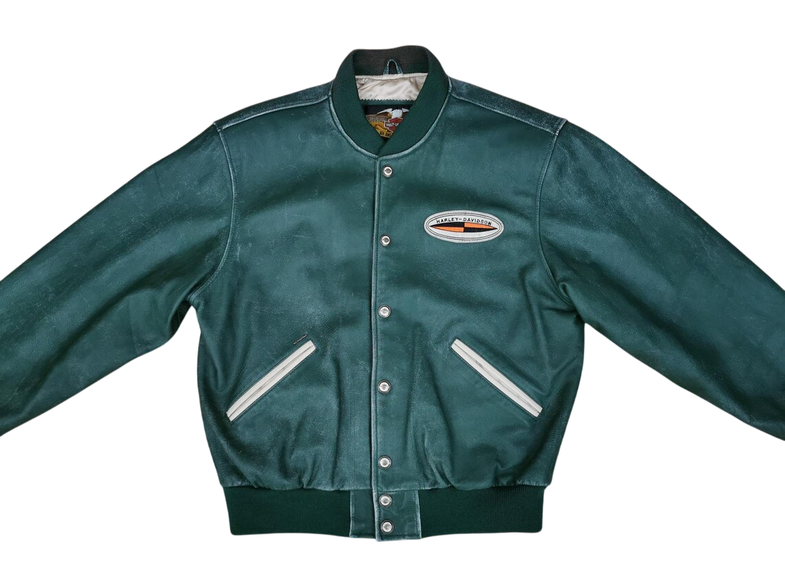 Harley Davidson USA Biker Leather Jacket Green Motorcycle Pride Tradition