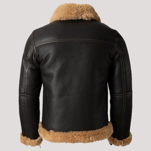 Black Fur Shearling Aviator Leather Jacket For Men