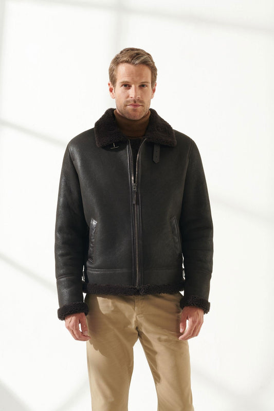 Men Aviator Brown Shearling Jacket For Winter