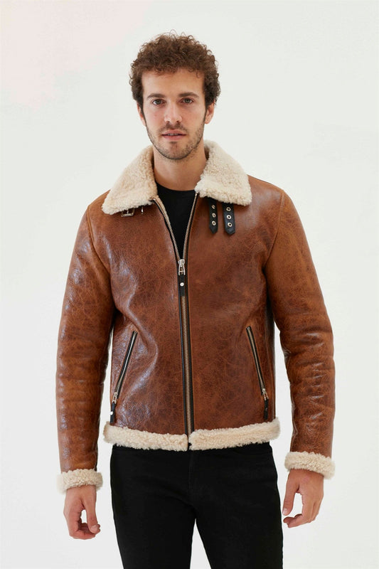 Men Aviator Zipper Brown Shearling Jacket