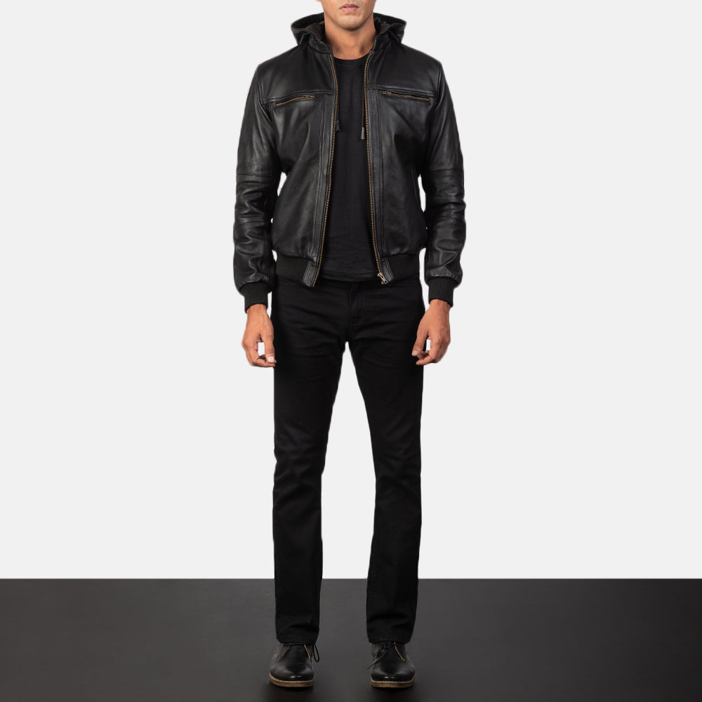 Classic Black Hooded Leather Jacket For Men