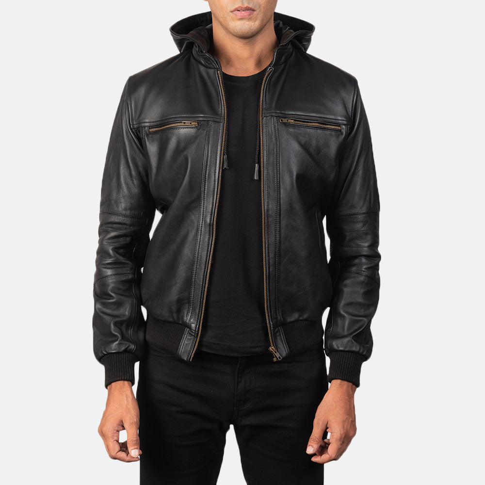 Classic Black Hooded Leather Jacket For Men