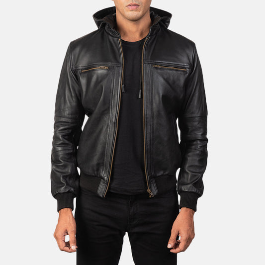 Classic Black Hooded Leather Jacket For Men