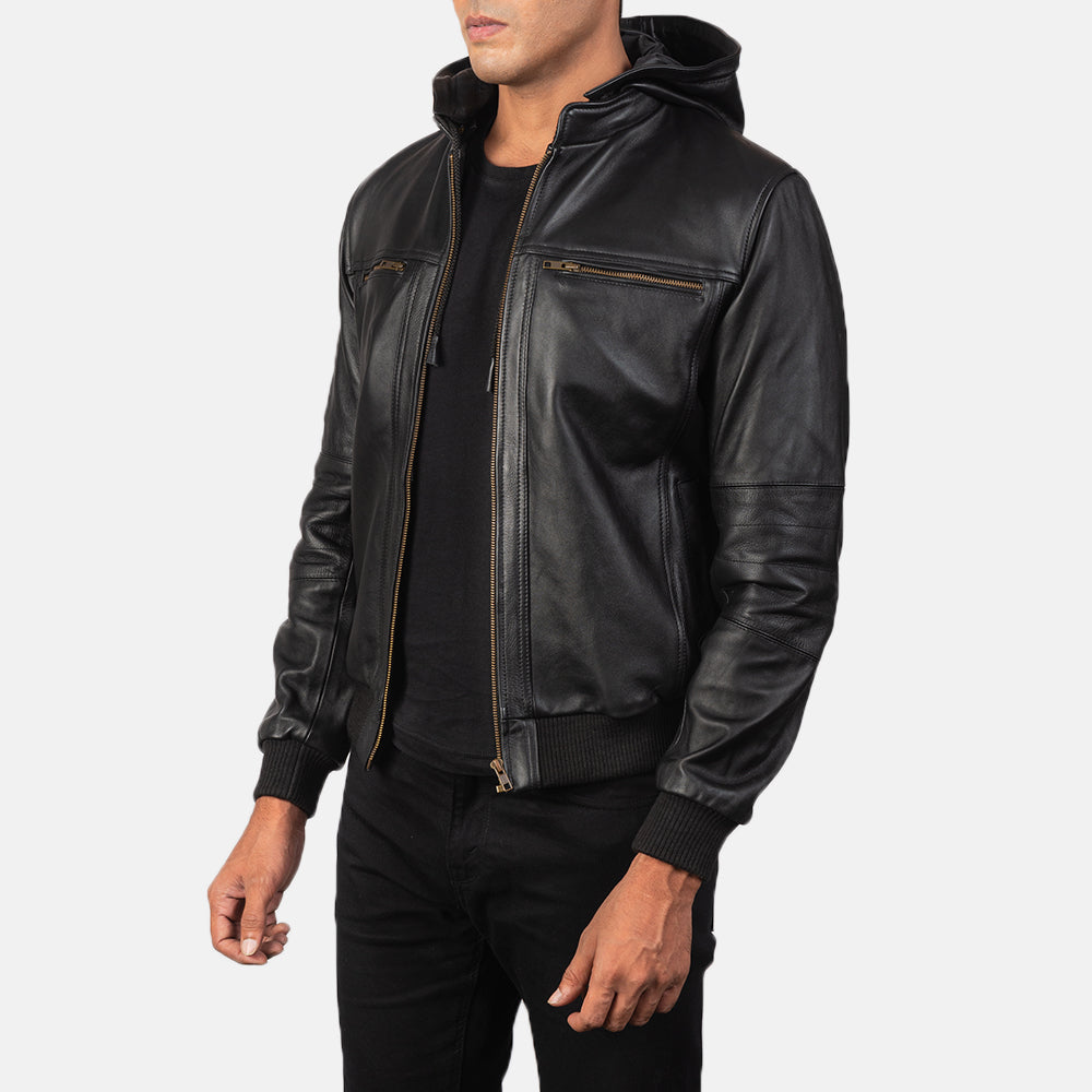 Classic Black Hooded Leather Jacket For Men