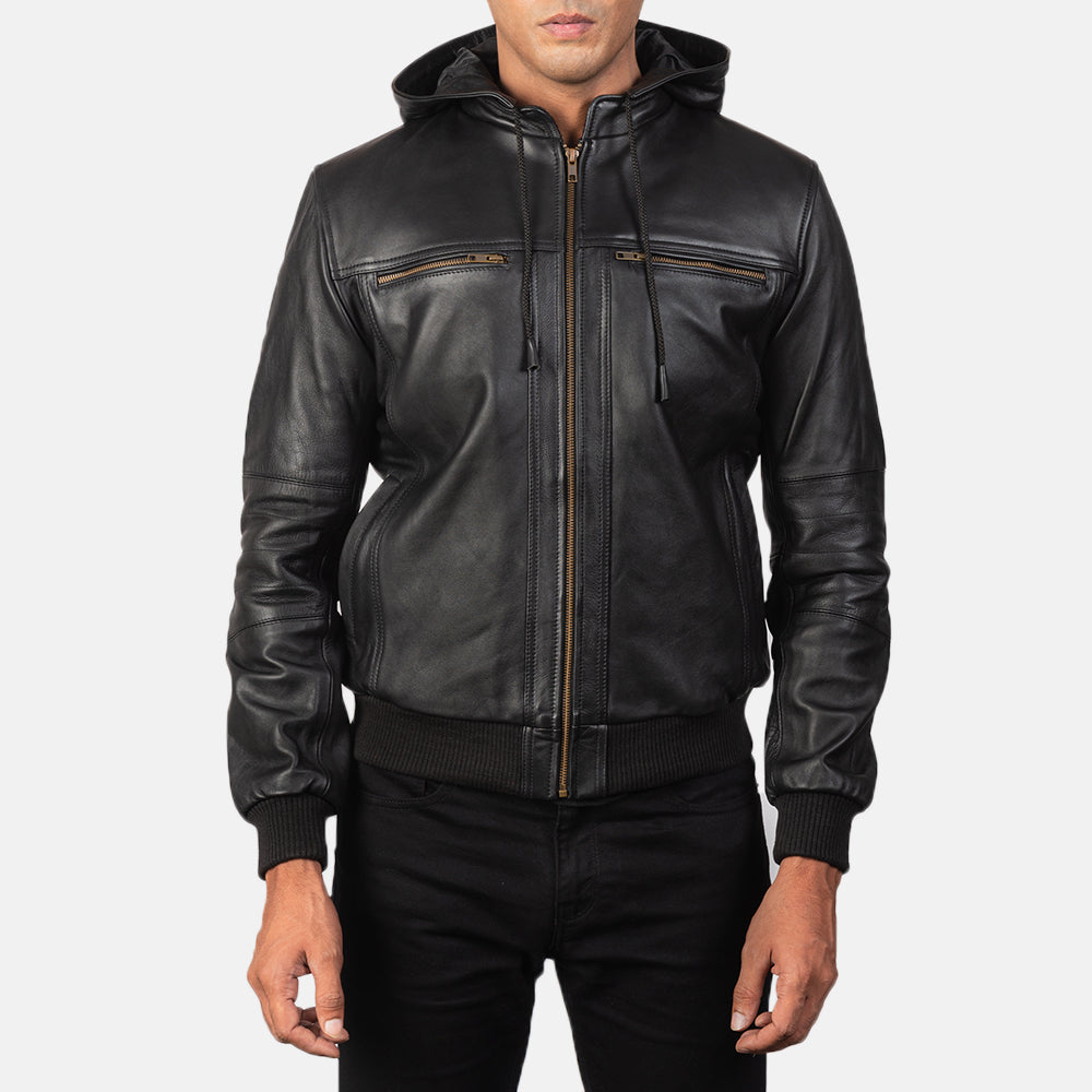 Classic Black Hooded Leather Jacket For Men