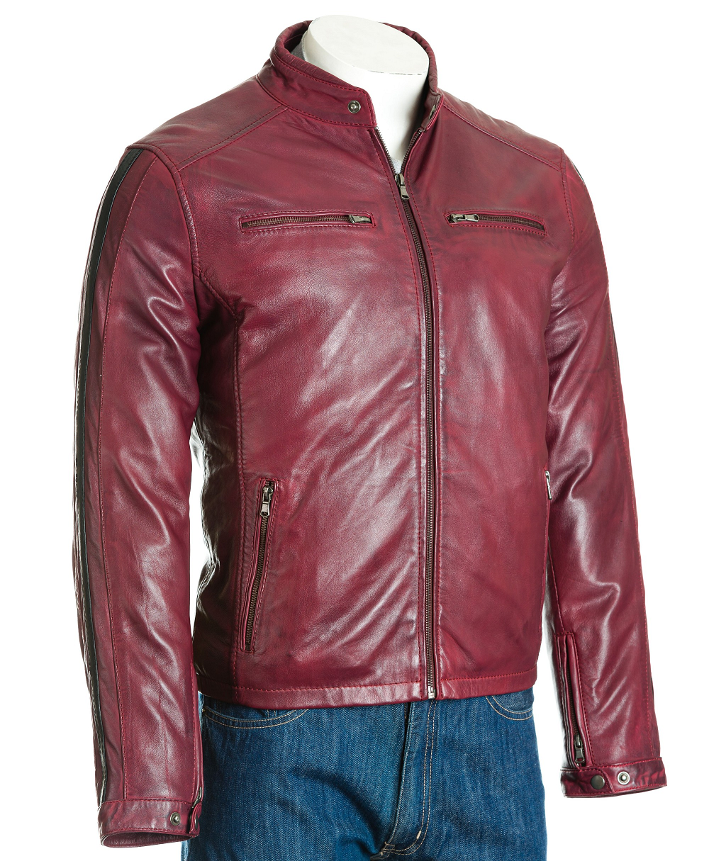 Men's Pepsi Red Tab Collar Leather Biker Jacket With Stripe