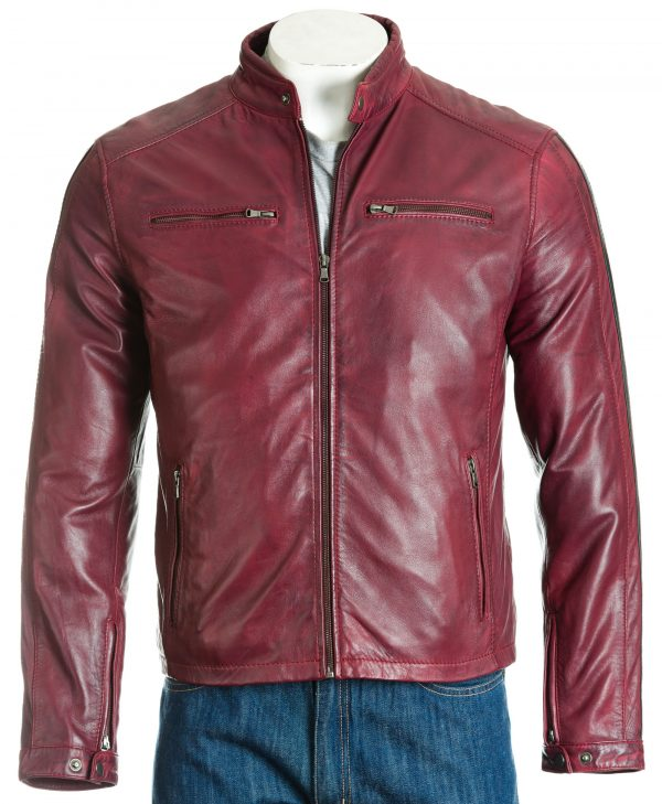 Men's Pepsi Red Tab Collar Leather Biker Jacket With Stripe