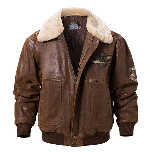 Mens Vintage Bomber Leather Jacket With Shearling Collar