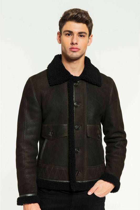Men Aviator Dark Green & Black Shearling Jacket