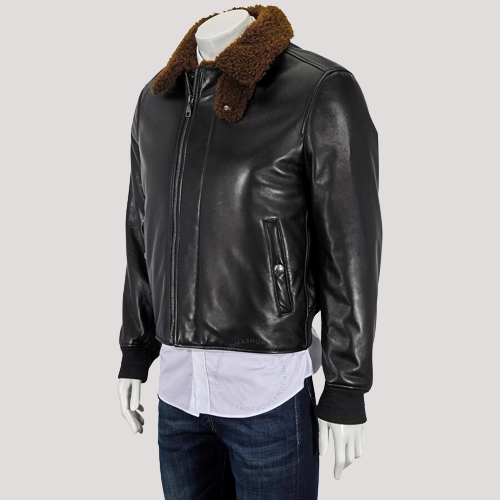 Men's Black Shearling Lined Bomber Leather Jacket