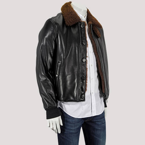 Men's Black Shearling Lined Bomber Leather Jacket