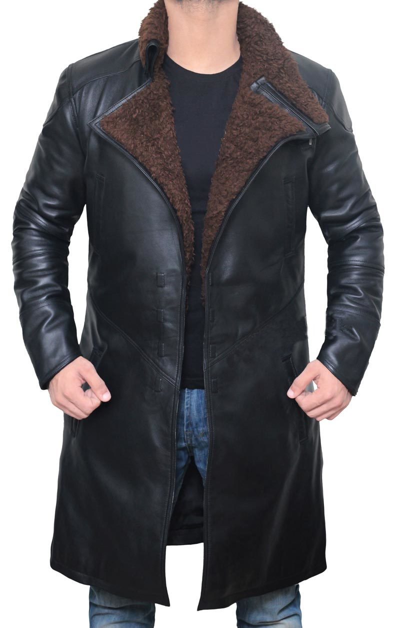 Mens Shearling Black Leather Over Coat