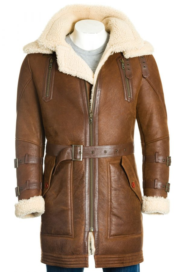 Men's Warm Brown Merino Sheepskin Trench Leather Coat