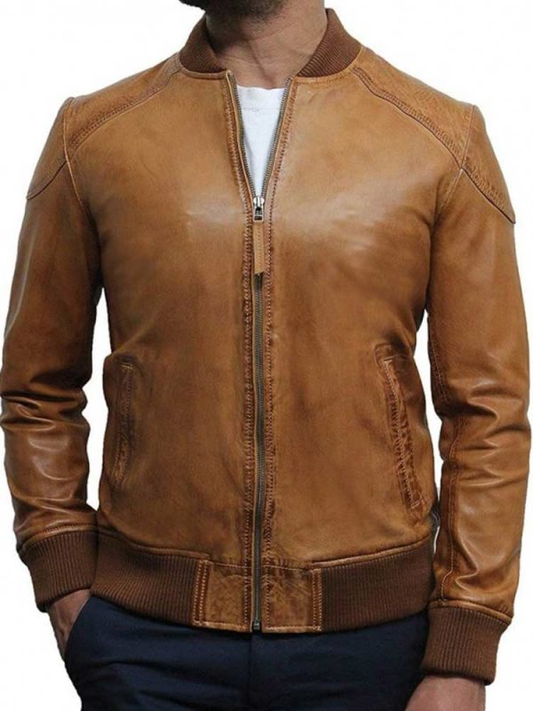 Men’s Waxed Tan Brown Leather Bomber Jacket