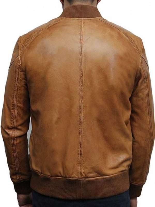 Men’s Waxed Tan Brown Leather Bomber Jacket