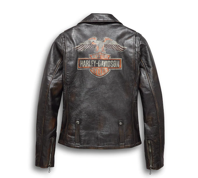 Women's Eagle Logo Distressed Leather Biker Jacket