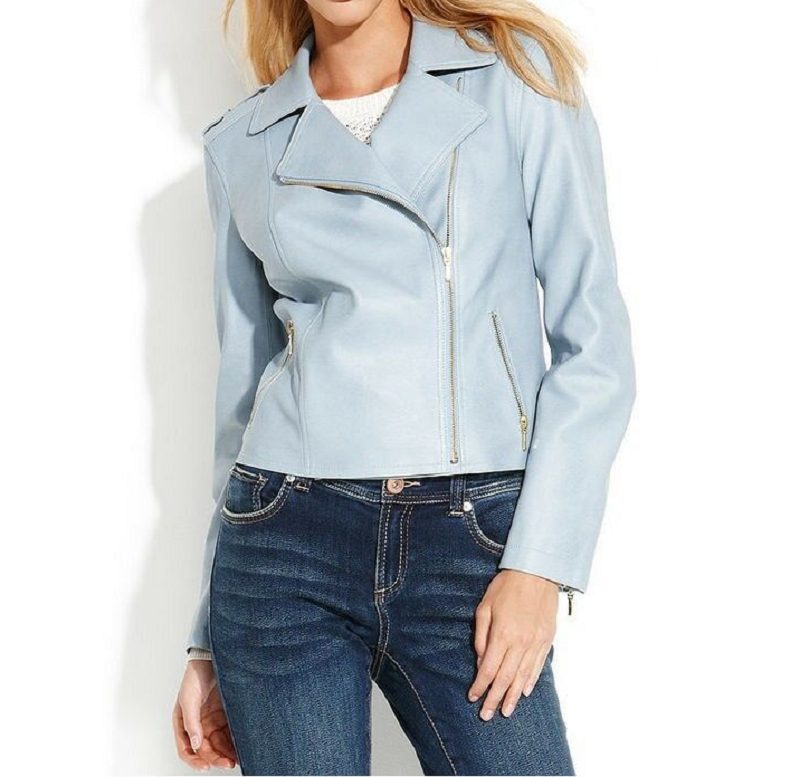 Sky Blue Leather Biker Jacket For Women