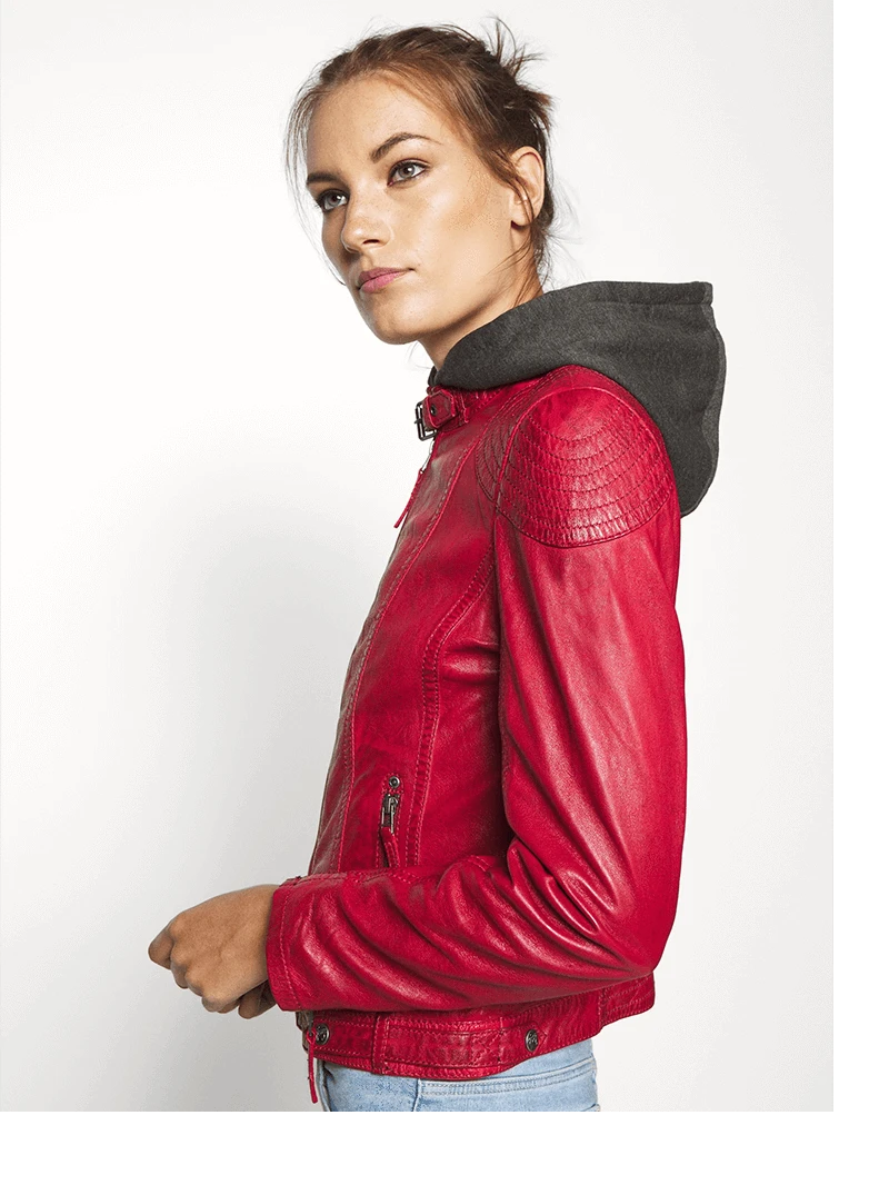 Womens Red Hooded Leather Jacket