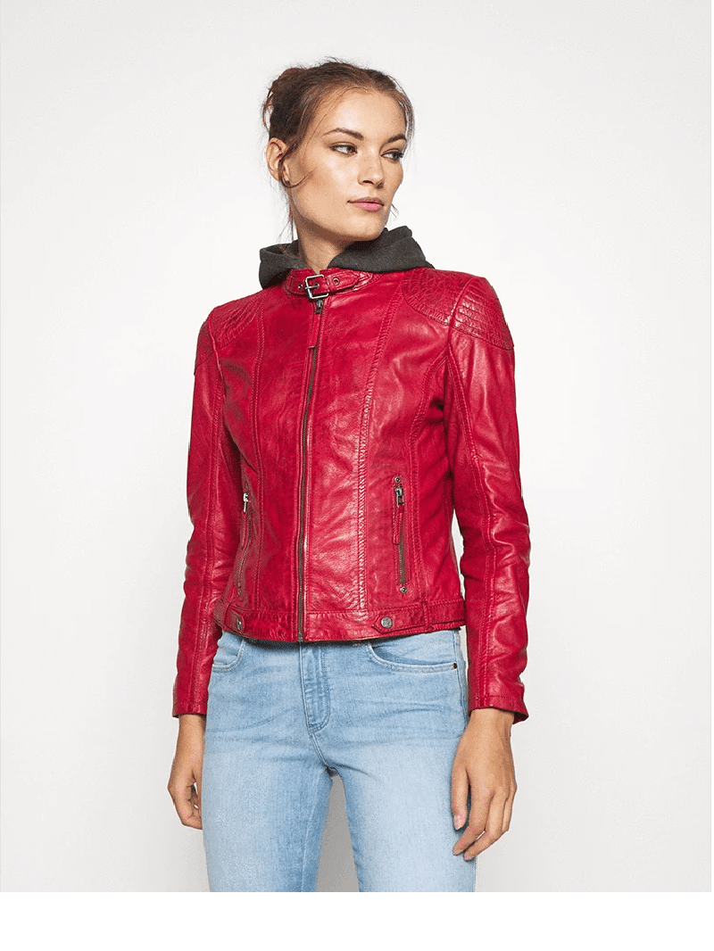 Womens Red Hooded Leather Jacket