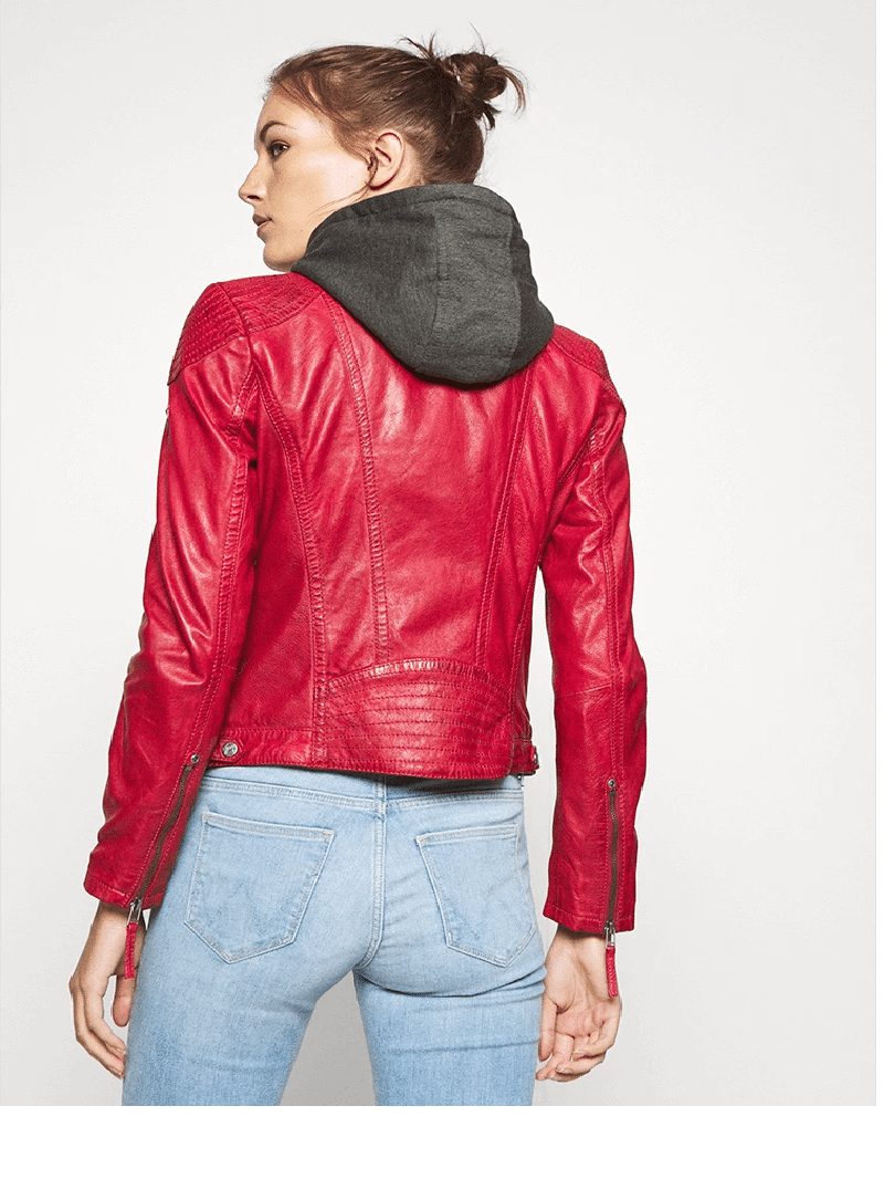 Womens Red Hooded Leather Jacket