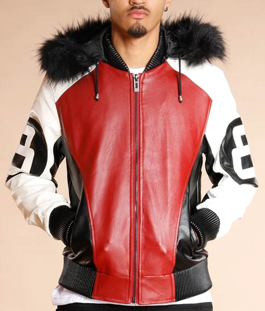 Mens 8 Ball Logo Bomber Style Fur Hooded Leather Jacket