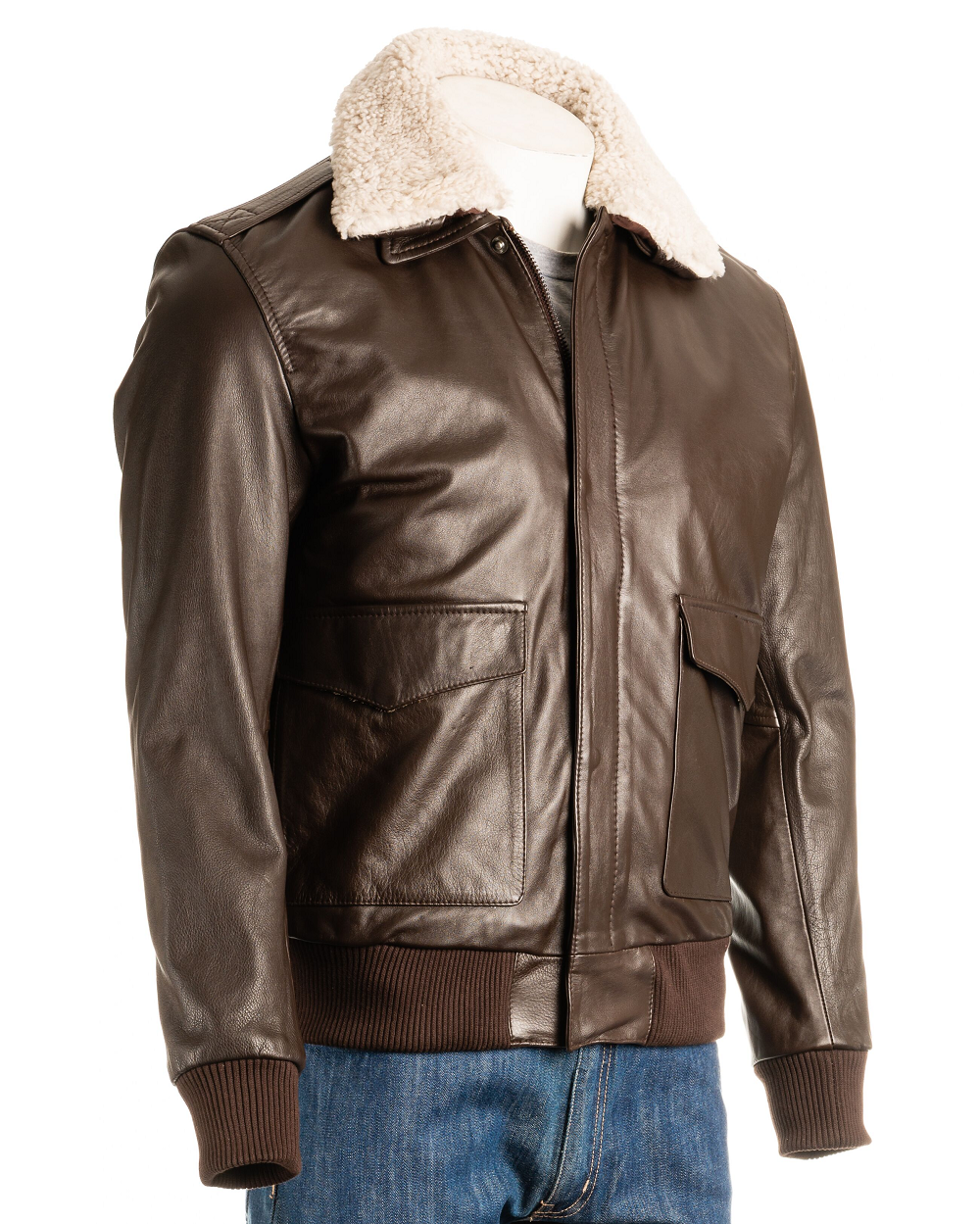 Men's Brown Aviator Style Leather Jacket With Fur Collar