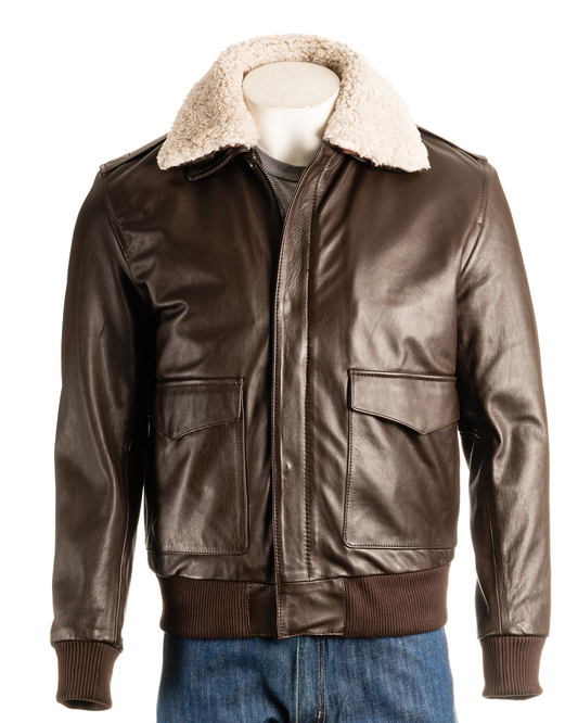 Men's Brown Aviator Style Leather Jacket With Fur Collar