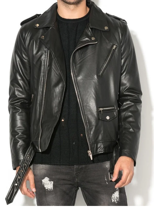 Men's Black Brando Classic Biker Leather Jacket Leathe