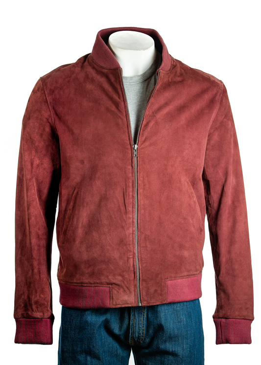 Men's Flight Burgundy Suede Leather Bomber Jacket