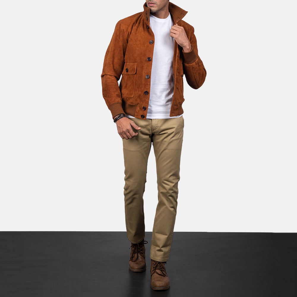 Brown Suede Bomber Jacket For Men