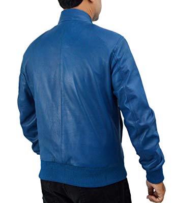 Men's Leather Blue Bomber Jacket