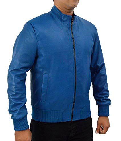 Men's Leather Blue Bomber Jacket