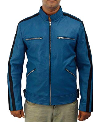 Men's Synthetic Leather Blue Jacket