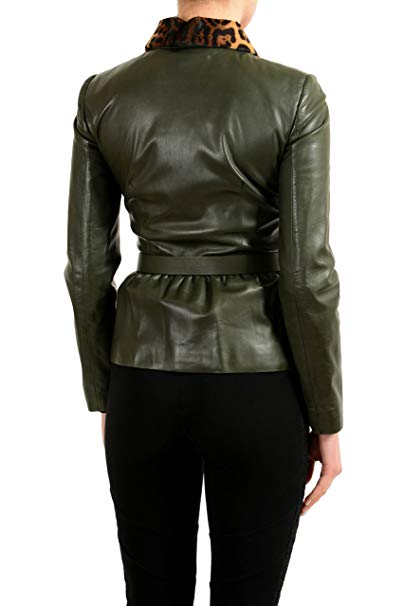 Fur Trimmed Women's Belted Basic Dark Green Leather Jacket