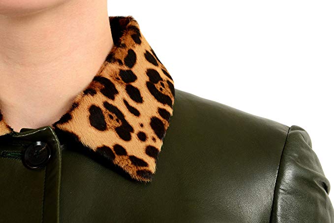 Fur Trimmed Women's Belted Basic Dark Green Leather Jacket