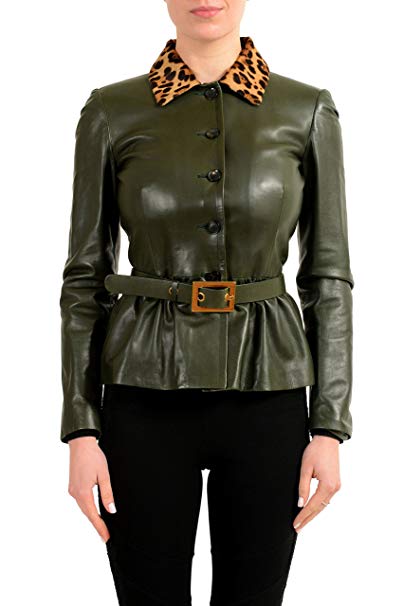 Fur Trimmed Women's Belted Basic Dark Green Leather Jacket
