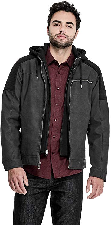 Men's Black Clint Suede Moto Hooded Jacket For Winter