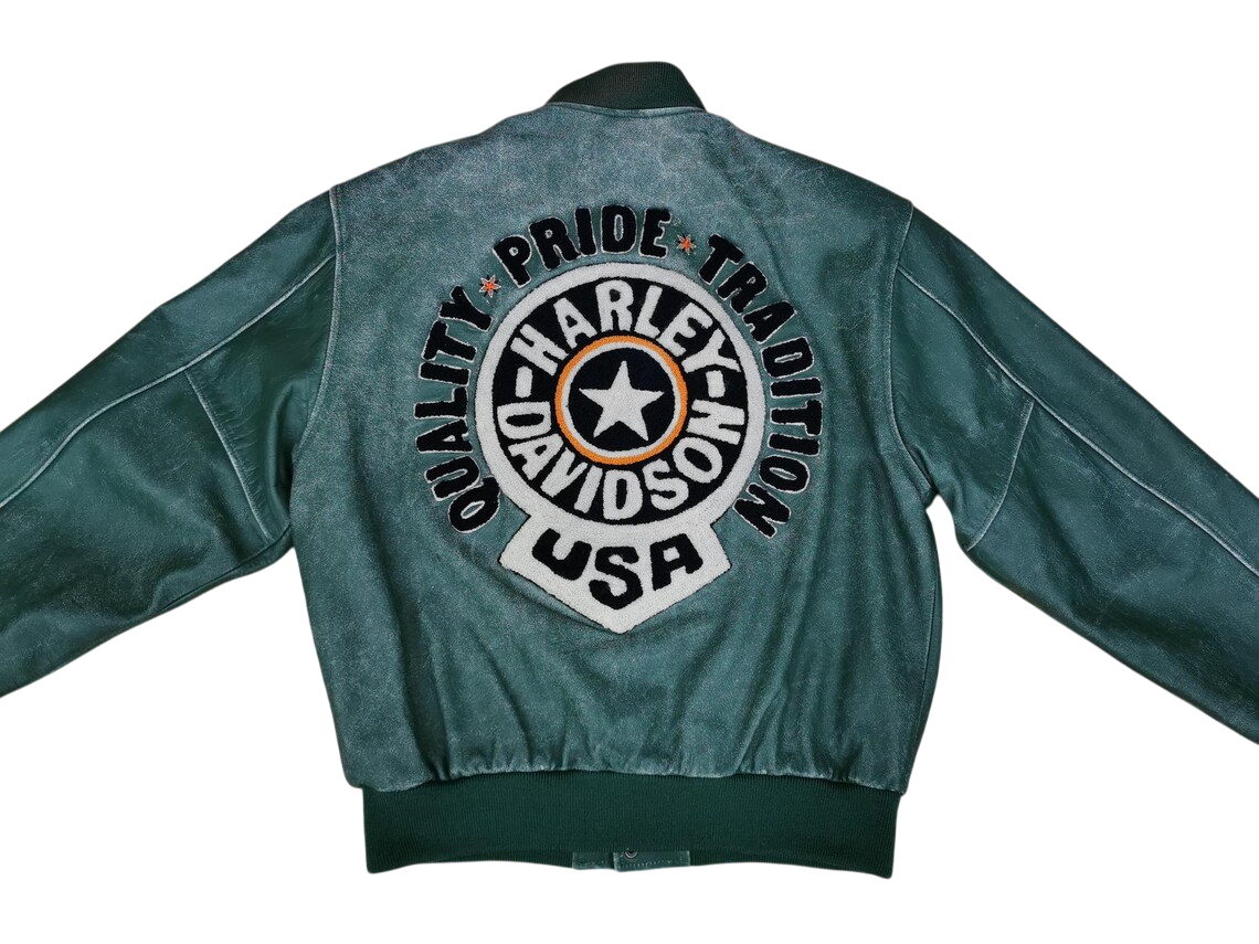 Harley Davidson USA Biker Leather Jacket Green Motorcycle Pride Tradition