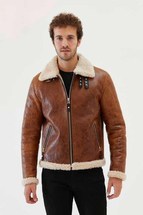 Men Aviator Tan&Off White Shearling Jacket