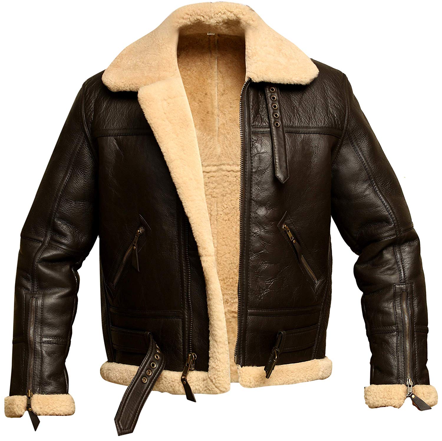 Mens Brown B3 RAF Aviator Bomber Shearling Real Sheepskin Leather Jacket